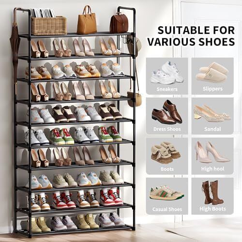 Metal Shoe Rack, 10 Tier Shoe Storage Organizer with Hooks,Fit 40-45Pairs Shoes,Metal Tall Shoe Shelf for Closet,Entryway,Garage,Bedroom,Cloakroom