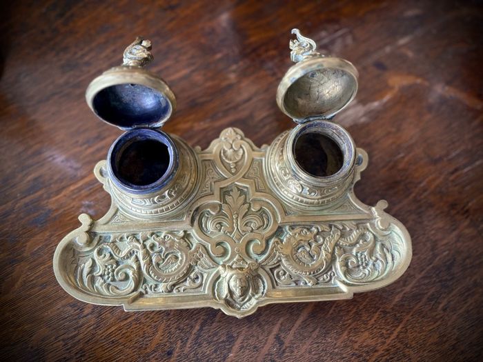 Rare DEPOSE antique brass double inkwell with dragon detail