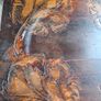Antique Art Nouveau Table features intricate Pyrogravure Poker Work design around 1900 and arched supports Image 9