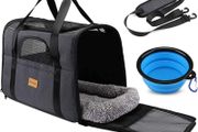 Cat Carrier - Airline Approved, Top Opening Portable Dog Bag with Breathable Mesh/Removable Mat, Adjustable Shoulder Strap &amp; Bowl, Foldable Travel Cage, M, Grey (Max 7kg)