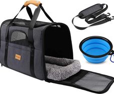 Cat Carrier - Airline Approved, Top Opening Portable Dog Bag with Breathable Mesh/Removable Mat, Adjustable Shoulder Strap & Bowl, Foldable Travel Cage, M, Grey (Max 7kg)