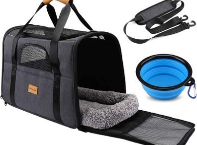 Cat Carrier - Airline Approved, Top Opening Portable Dog Bag with Breathable Mesh/Removable Mat, Adjustable Shoulder Strap & Bowl, Foldable Travel Cage, M, Grey (Max 7kg)