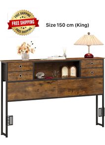 King Size Bed Headboard with Storage, Freestanding Headboard with 4 Fabric Drawers & Shelves, Adjustable Bed Frame Connectors, Bedroom Bookcase Headboard