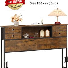 King Size Bed Headboard with Storage, Freestanding Headboard with 4 Fabric Drawers & Shelves, Adjustable Bed Frame Connectors, Bedroom Bookcase Headboard