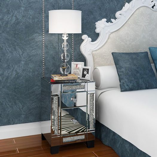 BRAND NEW Mirrored Glass Bedside Table Drawer Glass Handle chevet Chest of Drawer