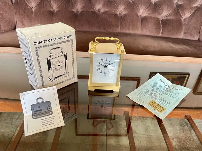 As New Vintage Westclox Quartz Carriage Clock Gold Metal Rectangular Roman Numerals Analogue 1980s