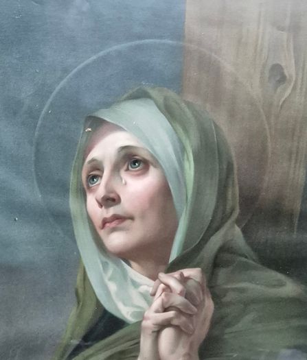 Vintage 1934 large print Mater Dolorosa glass wood framed