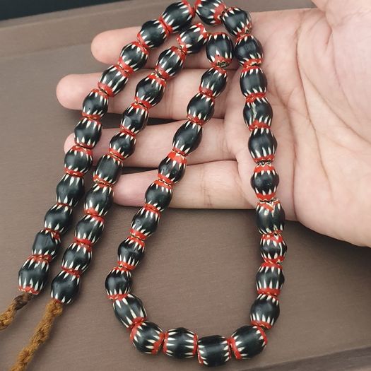 Antique Venetian Style Black Chevron Glass Beads Necklace Strand