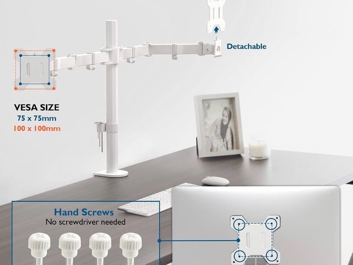 Dual Monitor Arm Desk Mount, Adjustable for 13/27 Inch  Screens, VESA 75x75/100x100, Full Motion Tilt, 360 Rotation, Height Adjustable, Max 10kg per Arm, Easy Install, White
