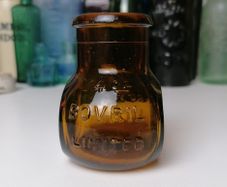 63 - Vintage 4oz Bovril Dark Brown Glass Embossed Letters Jar