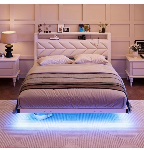 4ft6 Floating Double Bed Frame Upholstered Platform Bed with Storage Shelf Headboard,Charging Station/LED Lights,Metal Slat Support/Noise Free,No Box Spring Needed,135x190 Double Size,White