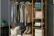 BRAND NEW Bamboo Wood Clothing Garment Rack with Shelves Clothes Hanging Rack