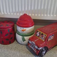 Christmas tins and ceramic cookie jar