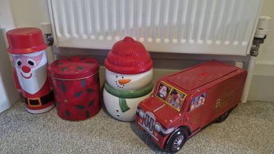 Christmas tins and ceramic cookie jar