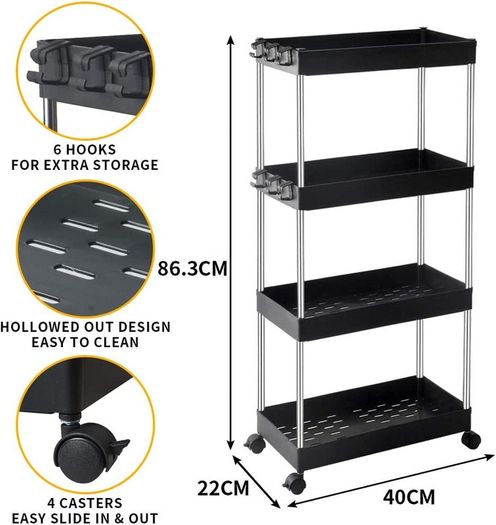 Storage Trolley 4-Tier Slide Out Storage Cart Rolling Utility Cart Storage Shelf Rack Mobile Storage Organizer Shelving for Office, Kitchen, Bedroom, Bathroom, Laundry & Dressers, Black