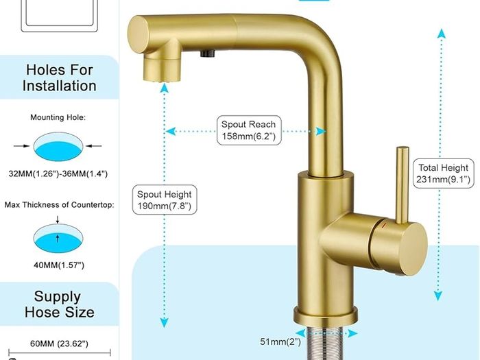 3 Function Sprayer Pull Out Kitchen Mixer Tap - 360 Swivel Single Handle Sink Tap for Bathroom or Kitchen - Gold
