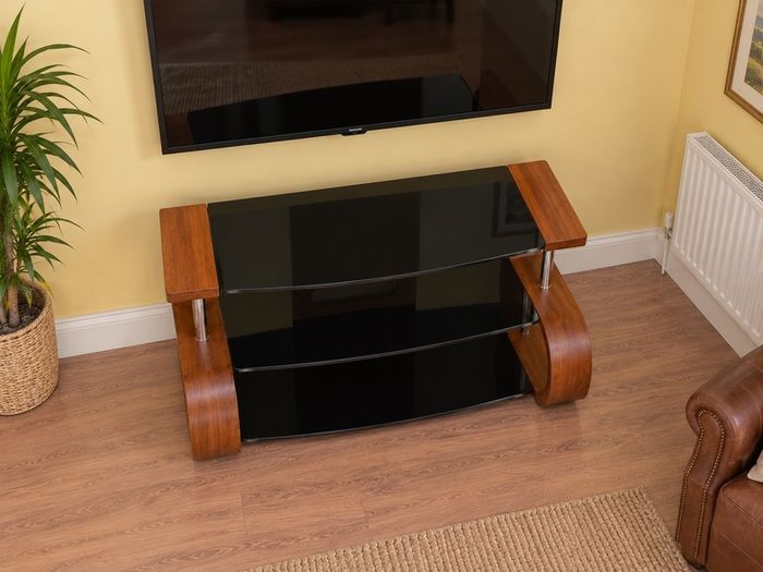 Modern Curved Wood & Black Glass TV Stand