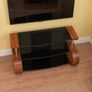 Modern Curved Wood & Black Glass TV Stand Image 3