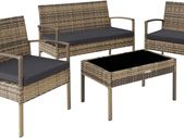 Poly Rattan Seating Group, Garden Set with 2 Chairs, Bench + Table with Glass Top, Lounge Set for Garden, Terrace and Balcony (Natural)