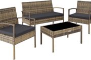 Poly Rattan Seating Group, Garden Set with 2 Chairs, Bench + Table with Glass Top, Lounge Set for Garden, Terrace and Balcony (Natural)