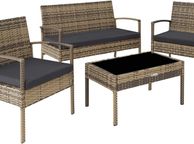 main image for ad Poly Rattan Seating Group, Garden Set with 2 Chairs, Bench + Table with Glass Top, Lounge Set for Garden, Terrace and Balcony (Natural)