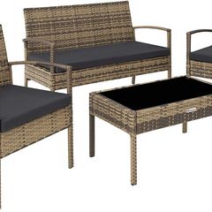 Poly Rattan Seating Group, Garden Set with 2 Chairs, Bench + Table with Glass Top, Lounge Set for Garden, Terrace and Balcony (Natural)