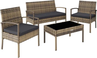 Poly Rattan Seating Group, Garden Set with 2 Chairs, Bench + Table with Glass Top, Lounge Set for Garden, Terrace and Balcony (Natural)