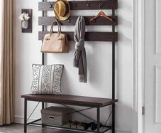 Coat Rack with Shoe Bench Industrial Hall Tree for Entryway, Wood and Metal Hallway Storage Shelf Organizer, Accent Furniture with Metal Frame