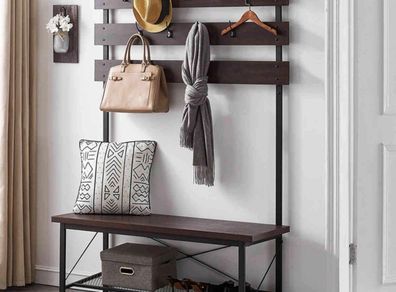 Coat Rack with Shoe Bench Industrial Hall Tree for Entryway, Wood and Metal Hallway Storage Shelf Organizer, Accent Furniture with Metal Frame