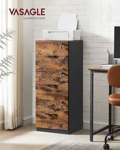 File Cabinet, Filing Cabinet for Home Office, Printer Stand, with 3 Lockable Drawers, Adjustable Hanging Rails, for A4 and Letter-Size Files, Rustic Brown and Ink Black