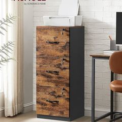 File Cabinet, Filing Cabinet for Home Office, Printer Stand, with 3 Lockable Drawers, Adjustable Hanging Rails, for A4 and Letter-Size Files, Rustic Brown and Ink Black