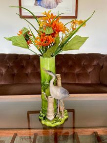 Antique Art Pottery Bretby Pottery 1890s Bamboo and Stork Large Spill Vase