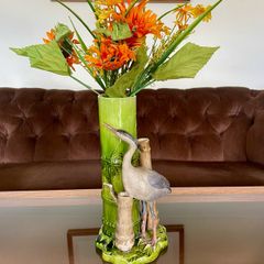 Antique Art Pottery Bretby Pottery 1890s Bamboo and Stork Large Spill Vase