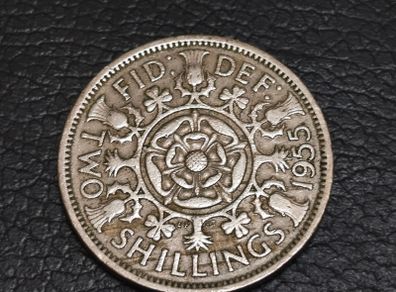 1955 Two Shillings Coin UK Elizabeth Great Britain