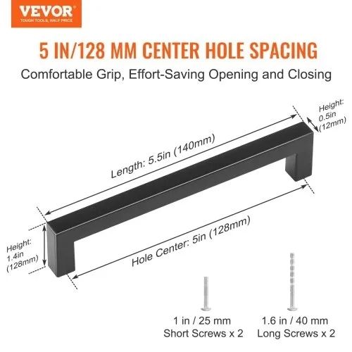 Center Slim Square Kitchen Cabinet Drawer, Stainless Steel Modern Kitchen Cupboard Door Handles for Kitchen Bathroom Bar Hardware Matte Black