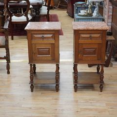 Pair of French Oak Bedside Tables with Pink Marble Tops
