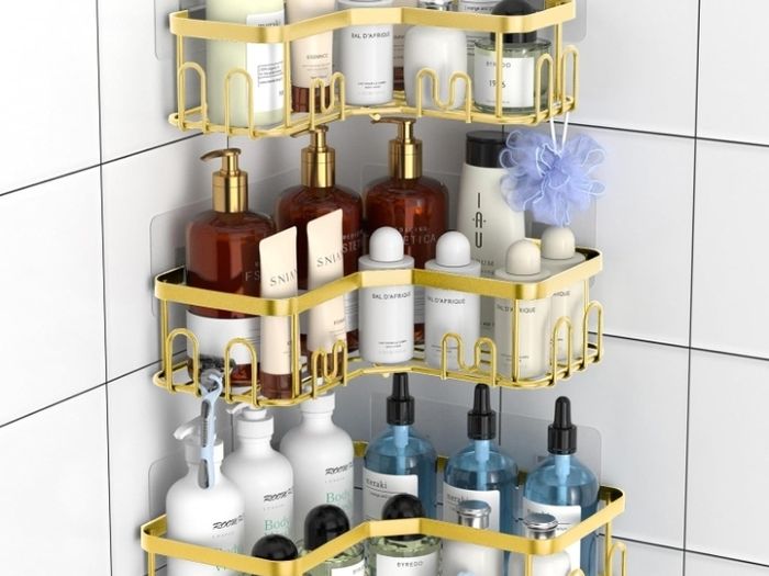 3 Pack Corner Shower Caddy, Adhesive Bathroom Shelves with 18 Hooks, Drill-Free & Quick-Dry Shower Organizer with Large Capacity, Rustproof Stainless Steel Bathroom Corner Storage Rack, Gold