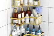 3 Pack Corner Shower Caddy, Adhesive Bathroom Shelves with 18 Hooks, Drill-Free &amp; Quick-Dry Shower Organizer with Large Capacity, Rustproof Stainless Steel Bathroom Corner Storage Rack, Gold