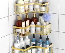 3 Pack Corner Shower Caddy, Adhesive Bathroom Shelves with 18 Hooks, Drill-Free & Quick-Dry Shower Organizer with Large Capacity, Rustproof Stainless Steel Bathroom Corner Storage Rack, Gold
