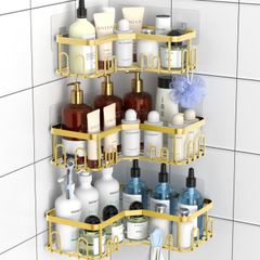 3 Pack Corner Shower Caddy, Adhesive Bathroom Shelves with 18 Hooks, Drill-Free & Quick-Dry Shower Organizer with Large Capacity, Rustproof Stainless Steel Bathroom Corner Storage Rack, Gold