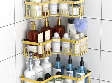 3 Pack Corner Shower Caddy, Adhesive Bathroom Shelves with 18 Hooks, Drill-Free & Quick-Dry Shower Organizer with Large Capacity, Rustproof Stainless Steel Bathroom Corner Storage Rack, Gold