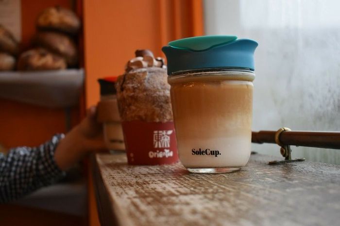 SoleCup Reusable Glass Travel Mug with Cork Band and Lid - Blue