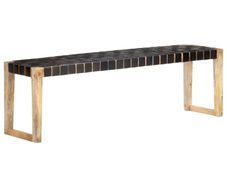 Bench 150 cm Black Real Leather and Solid Mango Wood