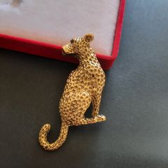 Cheetah Brooch Jaguar Bange Pin Gold Tone Green Eyes Cat Family Broach Jungle Jewellery