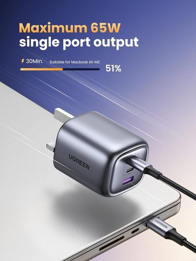 UGREEN USB C Charger, MacBook Charger Nexode 65W Foldable Fast GaN Charger 3-Port USB C Plug Support PPS/PD3.0 Compatible with MacBook Pro/Air, iPhone 17 Pro/Air/17/16/15, iPad, Galaxy S24/S23, etc