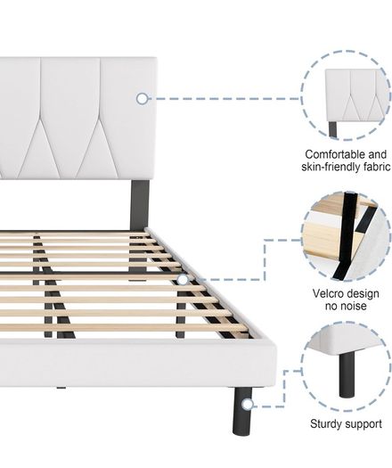 Double Bed Frame, White, Upholstered Wooden Slat Bed Frame with Headboard