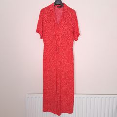 Soaked in Luxury Red White Polka Dot Short Sleeve Wide Leg Jumpsuit Size M