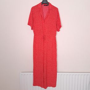 Soaked in Luxury Red White Polka Dot Short Sleeve Wide Leg Jumpsuit Size M