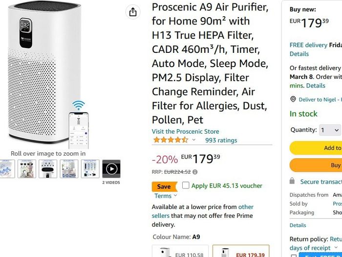 Proscenic A9 Air Purifier, for Home 90SqM with H13 True HEPA Filter, CADR 460m/h, Timer, Auto Mode, Sleep Mode, PM2.5 Display, Filter Change Reminder, Air Filter for Allergies, Dust and Pollen