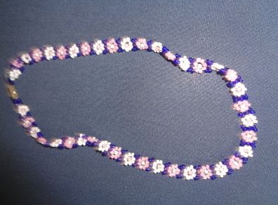 Beaded Pink/Navy/White Necklace for Sale